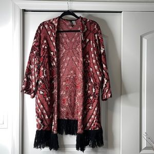Red print cardigan with fringe bottom